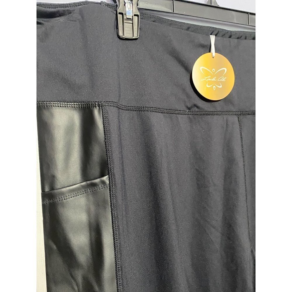 Laila Ali Black Athletic Leggings with Faux Leather Leg Trim & Pockets Womens 3X - Picture 3 of 11